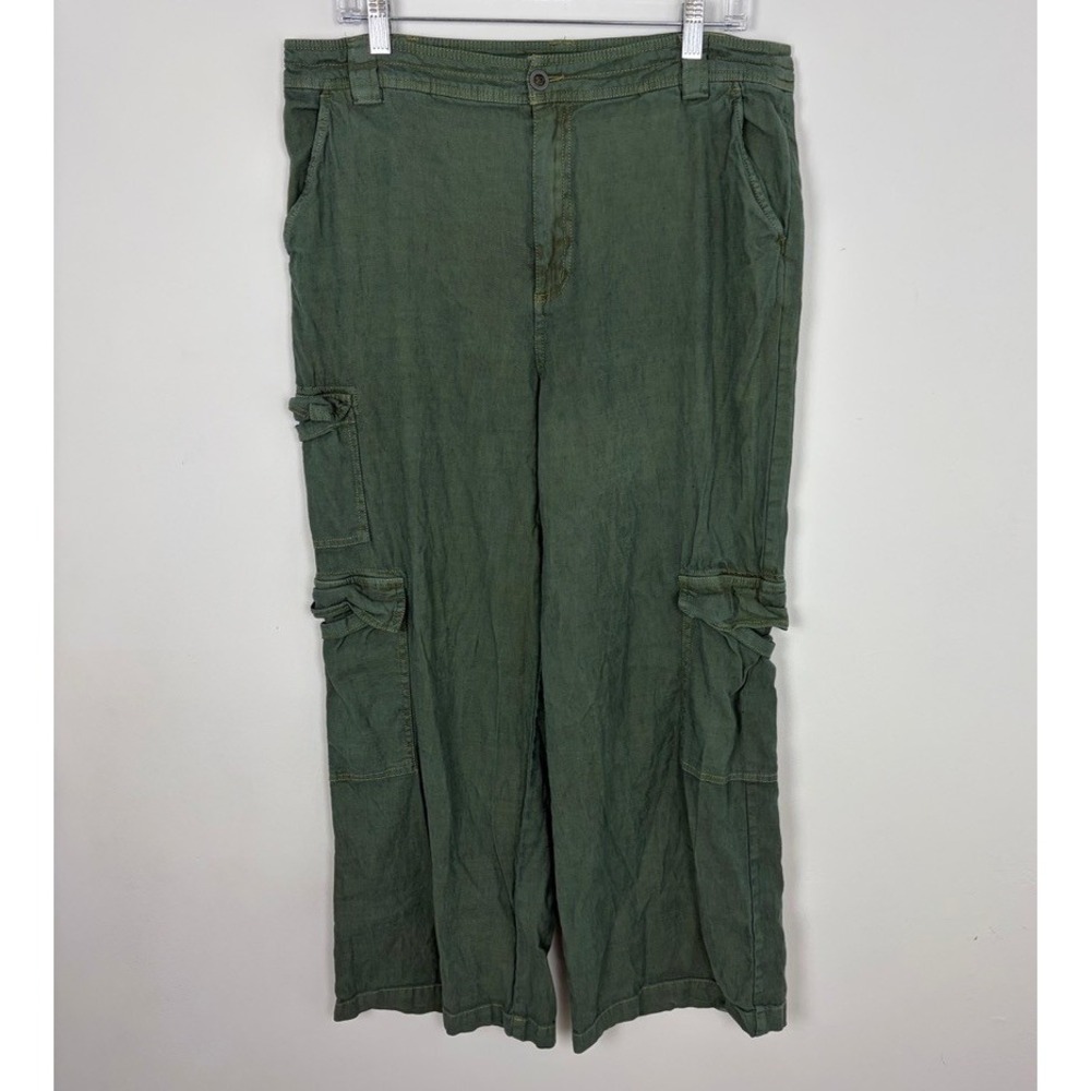 Sundance Linen Blend Cargo Pants Wide Leg Green Breathable Granola Petite 12